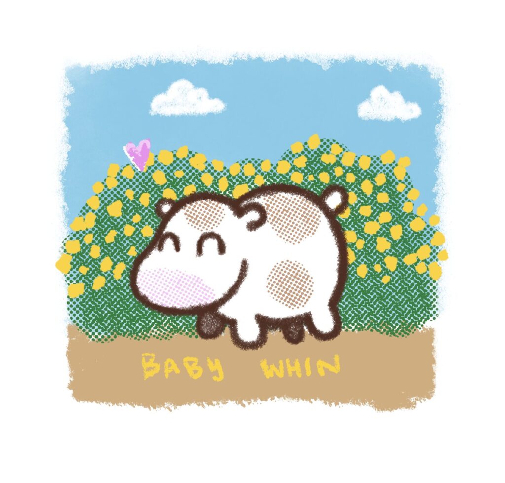 Digital drawing of a little cow from Harvest Moon on the SNES. It's a sunny day in the background, the cow is standing in front of some whin bushes, and along the bottom I've written 'baby whin' in the same buttery yellow as the flowers