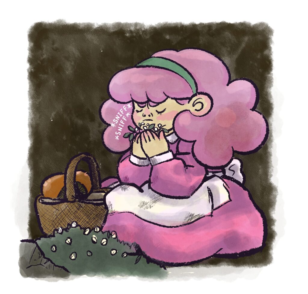 A digital drawing of Nina from Harvest Moon on the SNES. She has a foraging basket with her, you can just make out some toadstools in it. She is in the caves, in the dark, having a good sniff of the dank cave plants that grow there.