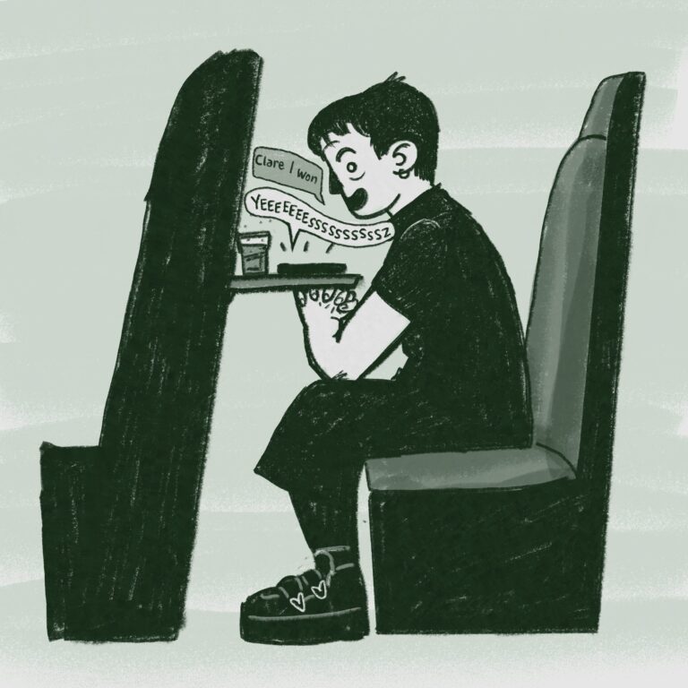 Digital drawing in charcoal brush, greenish hue on an otherwise monochromatic image. A cross section view of my cartoon self on a train set, looking a bit wired! The text from me reads: "Clare I won" and the response is "YEEEEEEESSSSSSZ"